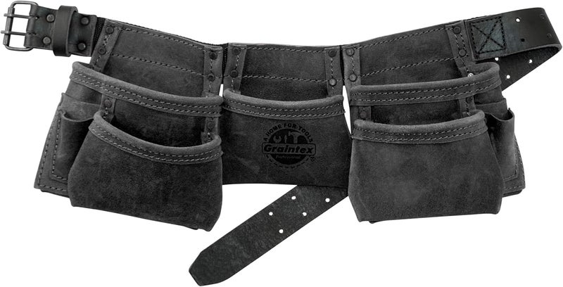 Graintex DS2248 :: 9 Pocket Children Tool Belt Black Color Suede Leather, Kids Real Tool Belt, Boys and Girls Tool Apron for Home Improvement, 1.1/2" Leather Belt, Hammer Loops - Image 1